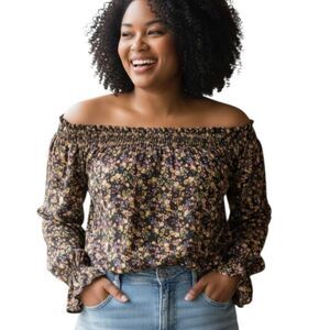 WESTPORT BLACK, PURPLE, & CREAM OFF-THE-SHOULDER FLORAL BLOUSE SZ.XL EUC.